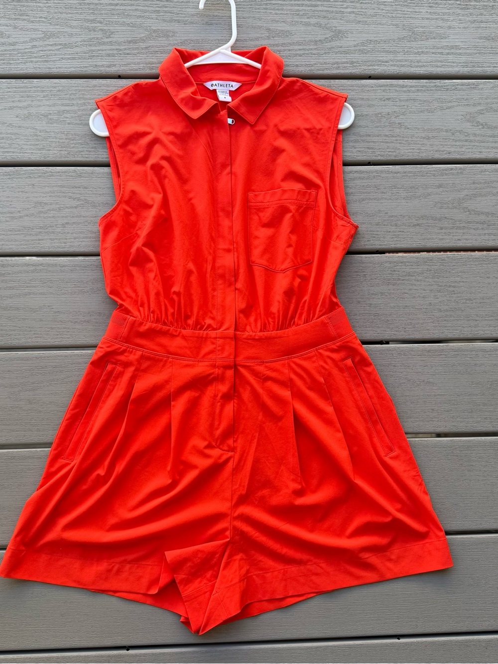 Athleta Sleeveless Orange-Red Collared Romper Size 8 w Front Zipper